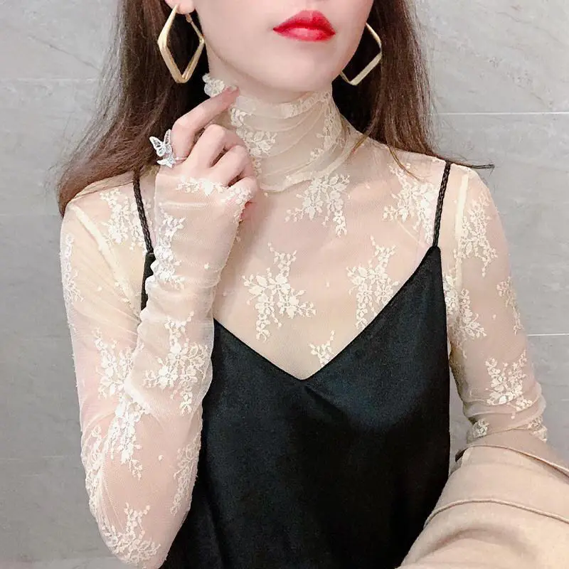 

Foreign style sexy high collar mesh bottom sweater with pile neck tight Tulle dress new lace top