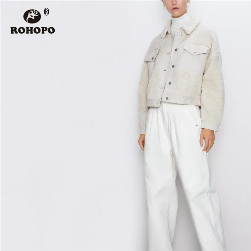 

ROHOPO Turn Down Collar Fleece Cotton Jacket Flaps Welted Pockets Buttons Fly Ladies Winter Cargo Motor Outwear #9059