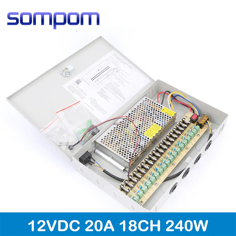 Sompom 12V 20A 18 каналов 240W Переключение cctv Блок питания