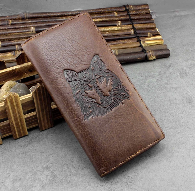 

2020 New Men Wallet Genuine Leather luxury wallet credit card holder long wallet Wolf Head Pattern portfel meski Men wolf wallet