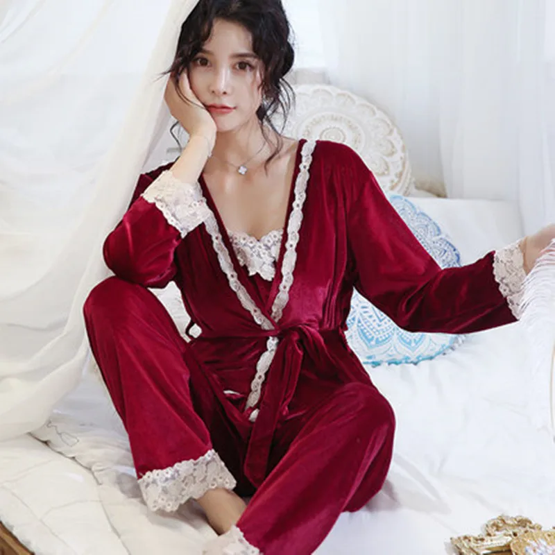 Бaрхaтныe лeггинсы пижамный комплект Для женщин Pyjama длинные брюки халат-жилет 3 шт./компл. большой Размеры женский сексуальный пояс Домашняя одежда Зимняя одежда - Цвет: Wine Red