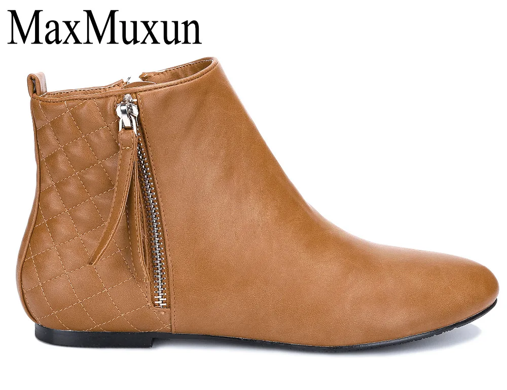 MaxMuxun Women's Booties Classic Flat Heel Ankle Pointed Toe Boots For Women Spring Autumn Fashion Causal Short Chelsea Boots - Color: Brown