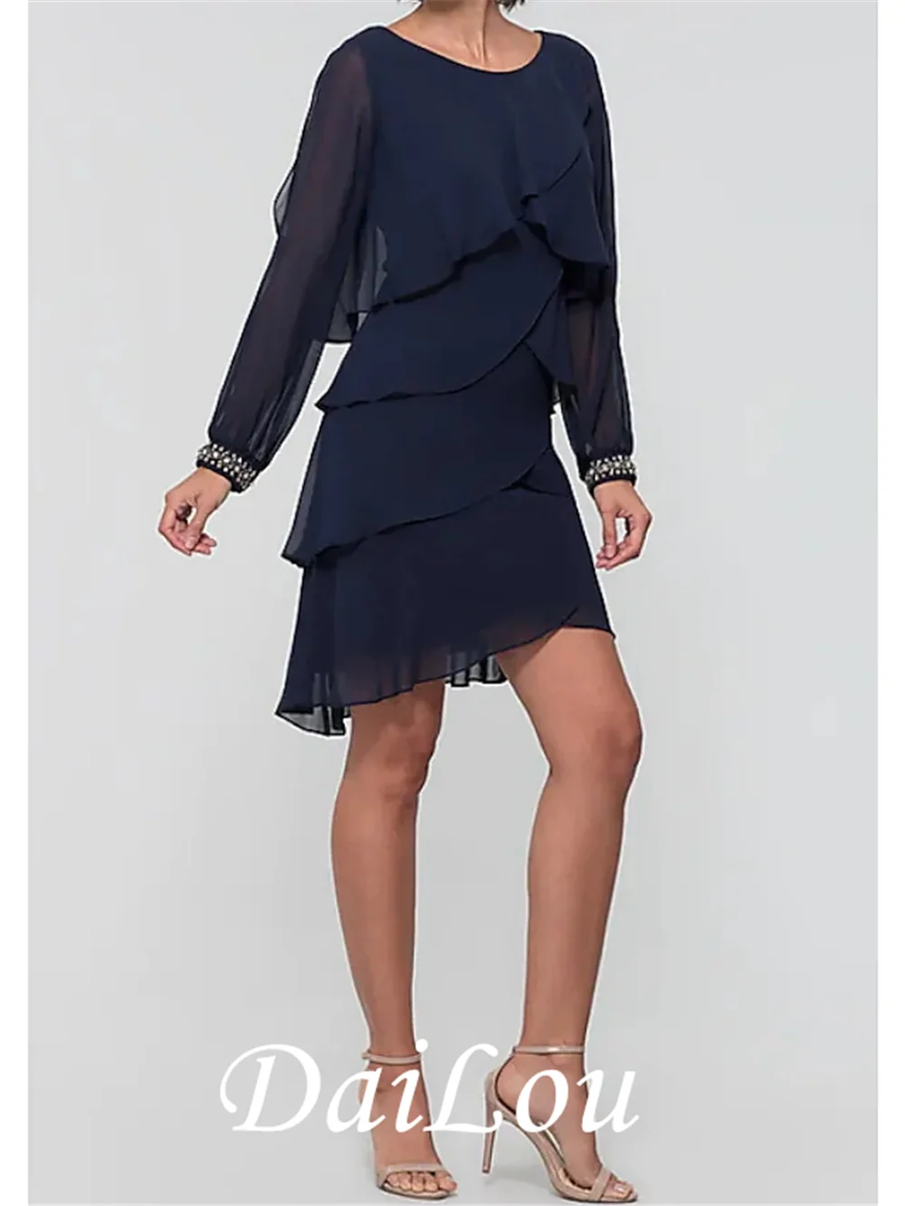 

Элегантное праздничное коктейльное платье А-силуэта, короткое/Мини шифоновое платье с круглым вырезом и длинными рукавами, украшенное бусинами и каскадными оборками, 2021