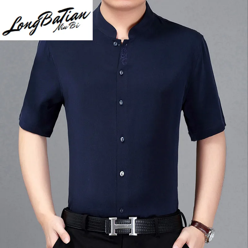 Mulberry Silk 100% Men Summer Clothes Plus Size Short Sleeve Shirt White Embroidery Chemise Homme 2020 3219 KJ4552 | Мужская одежда
