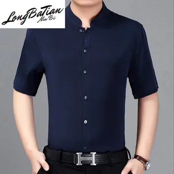 

Mulberry Silk 100% Men Summer Clothes Plus Size Short Sleeve Shirt White Embroidery Chemise Homme 2020 3219 KJ4552