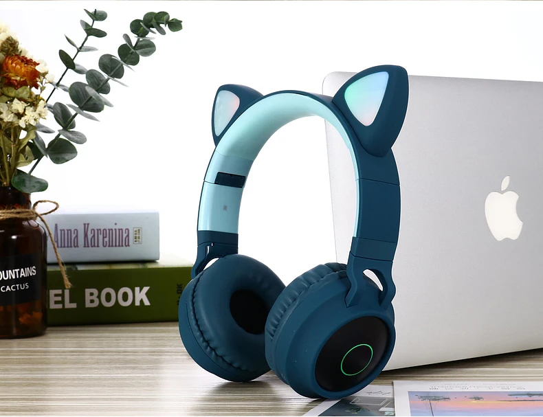 Беспроводная bluetooth-гарнитура с мультяшными кошачьими ушками и HD микрофоном, светодиодный цветной светильник, складная стереогарнитура для смартфонов - Цвет: Gray blue