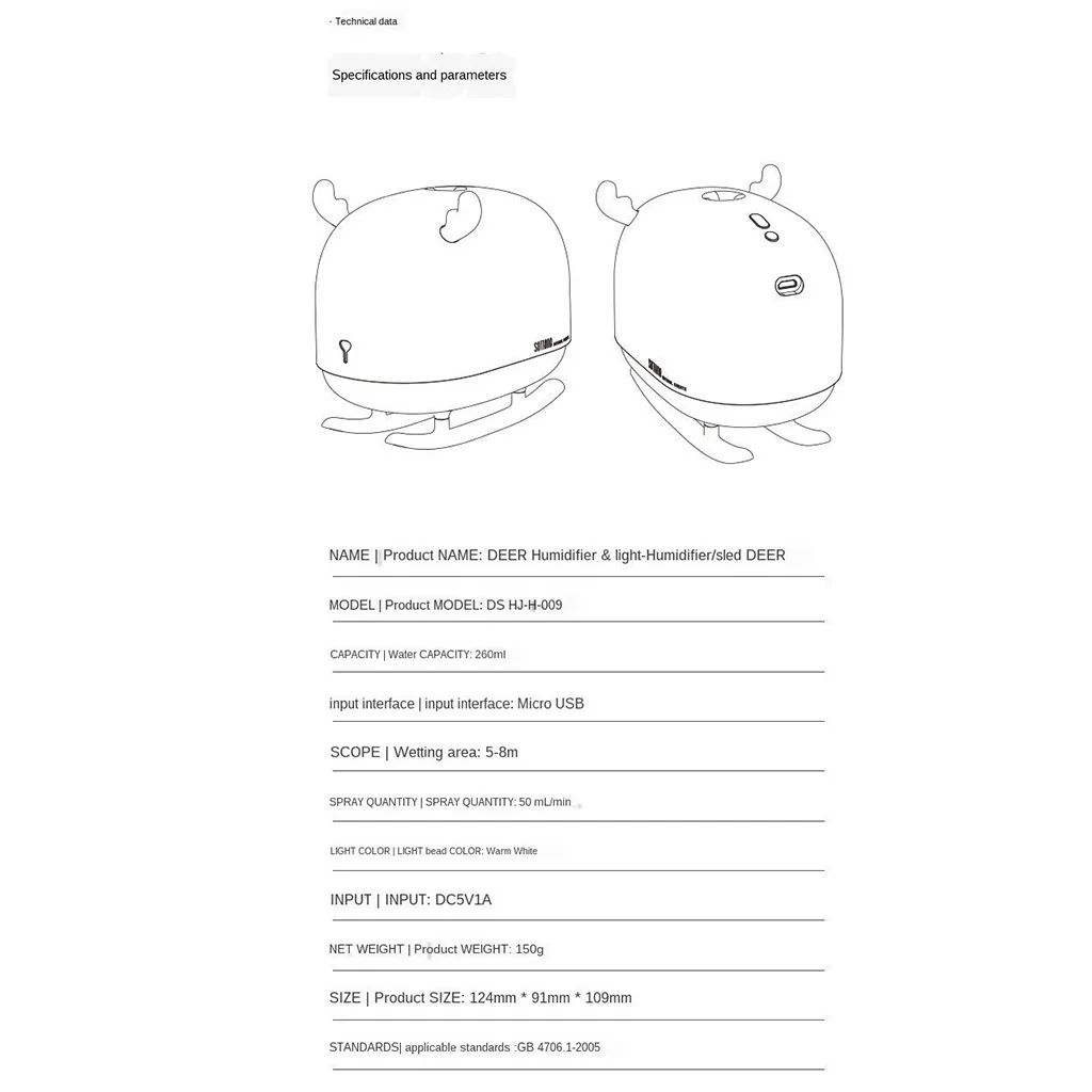 USB Cool Mist Deer Humidifier Water Sprayer for Desktop Office with LED Night Light Lamp