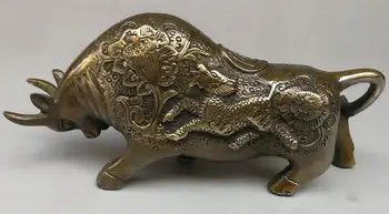 

CHINESE OLD BRASS HANDWORK CARVING BULLFIGHT COW WEAR DRAGON LOTUS STATUE