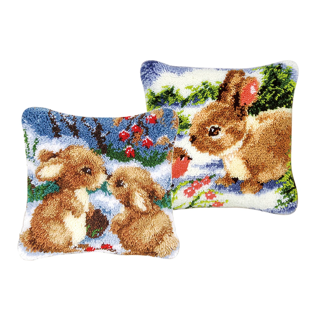 2 Set 43x43cm Cute Rabbits Latch Hook Kits Pillow Making Crafts for Kids Adults Craft
