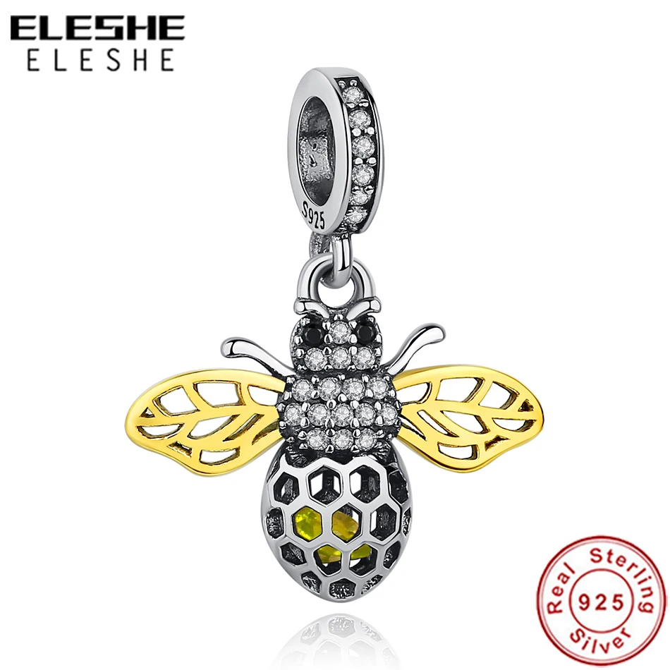 ELESHE, бусины из стерлингового серебра 925, желтое золото, кубический циркон, насекомое, мед, пчела, шарм, подходит для оригинального браслета, ожерелья, ювелирные изделия
