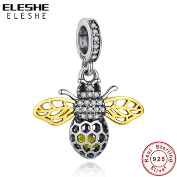 

ELESHE 925 Sterling Silver Bead Yellow Gold Cubic Zircon Insect Honey Bee Charm fit Original Bracelet Necklace Jewelry