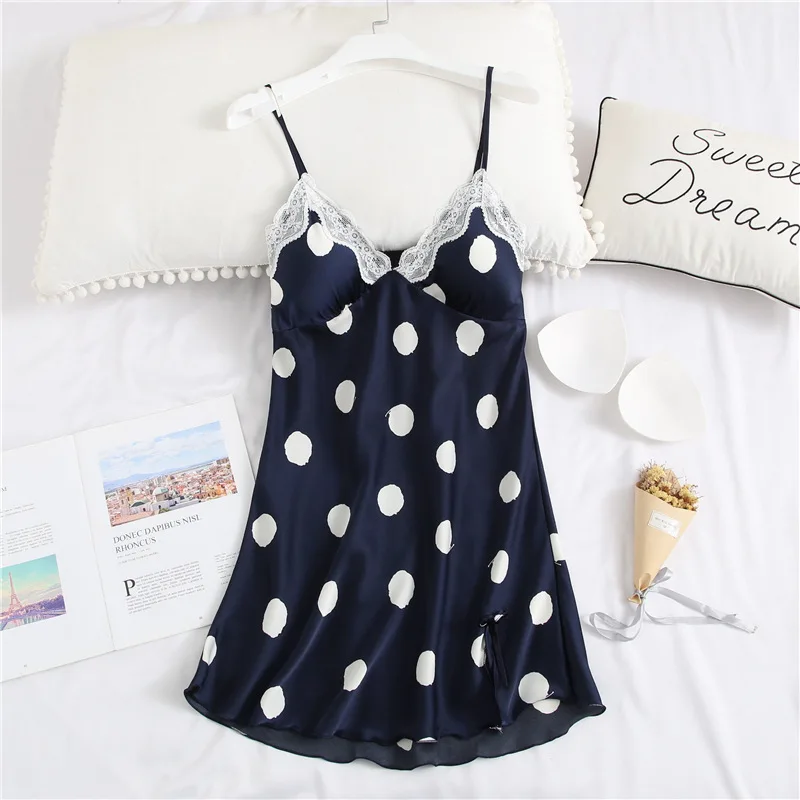 Women's-Strapped Dress Summer Viscose Thin Polka Dot Nightgown with Chest Pad Sexy Nightgown Tracksuit