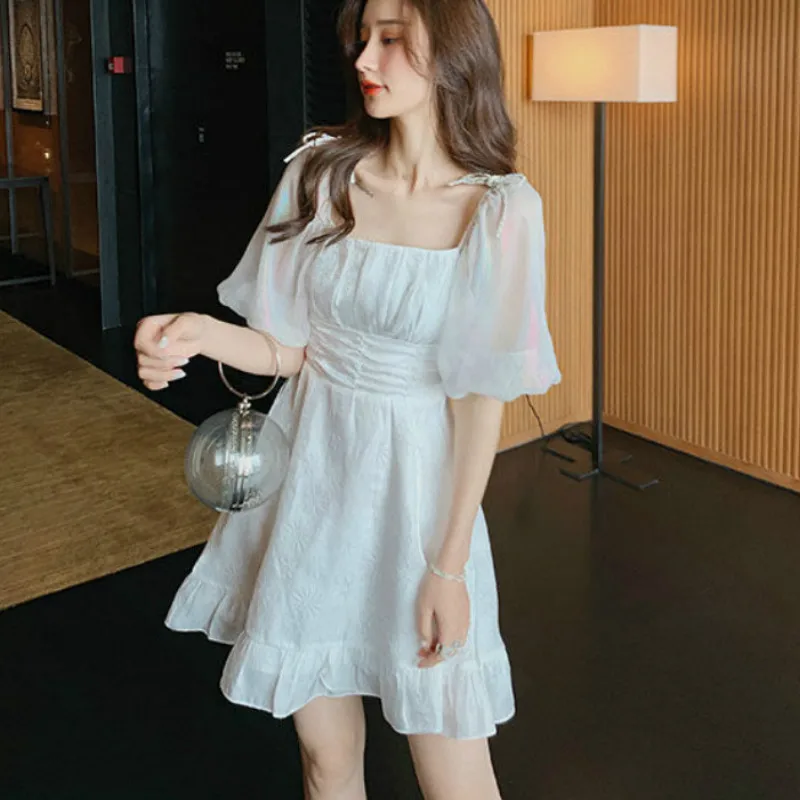 

French Dress Women Puff Sleeve Square Collar Dress 2020 Summer Korean Style A- Line Vintage Retro White Dress for Women