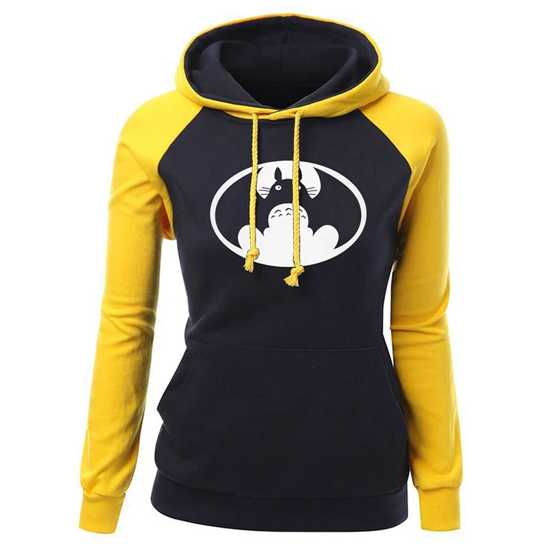 

New Fashion Sweatshirt Female 2017 Auutmn Winter Slim Raglan Hoodies Print TOTORO VS BATMAN Cartoon Women's Sportswear Kawaii