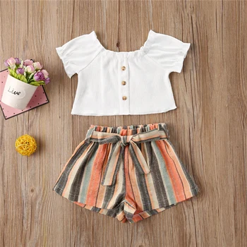 

2020 Casual Kid Baby Girl Button White Crop Tops Shirt Stripe Print Short Pants 2pcs Outfit Clothes Children Summer Sets