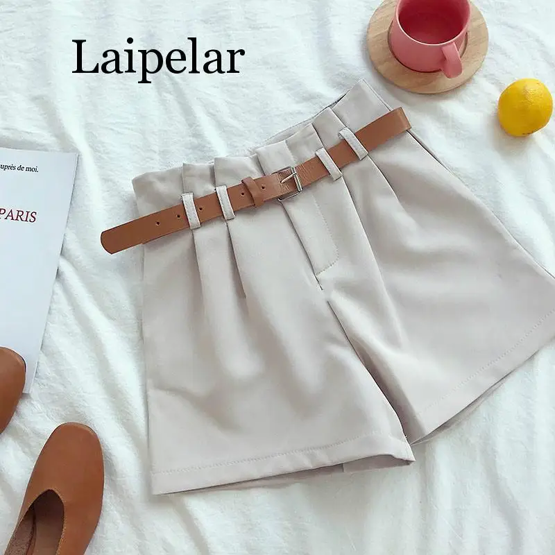 Laipelar корейский короткий дизайн белый костюм шорты для женщин модные однотонные с высокой талией широкие шорты с поясом 5 цветов