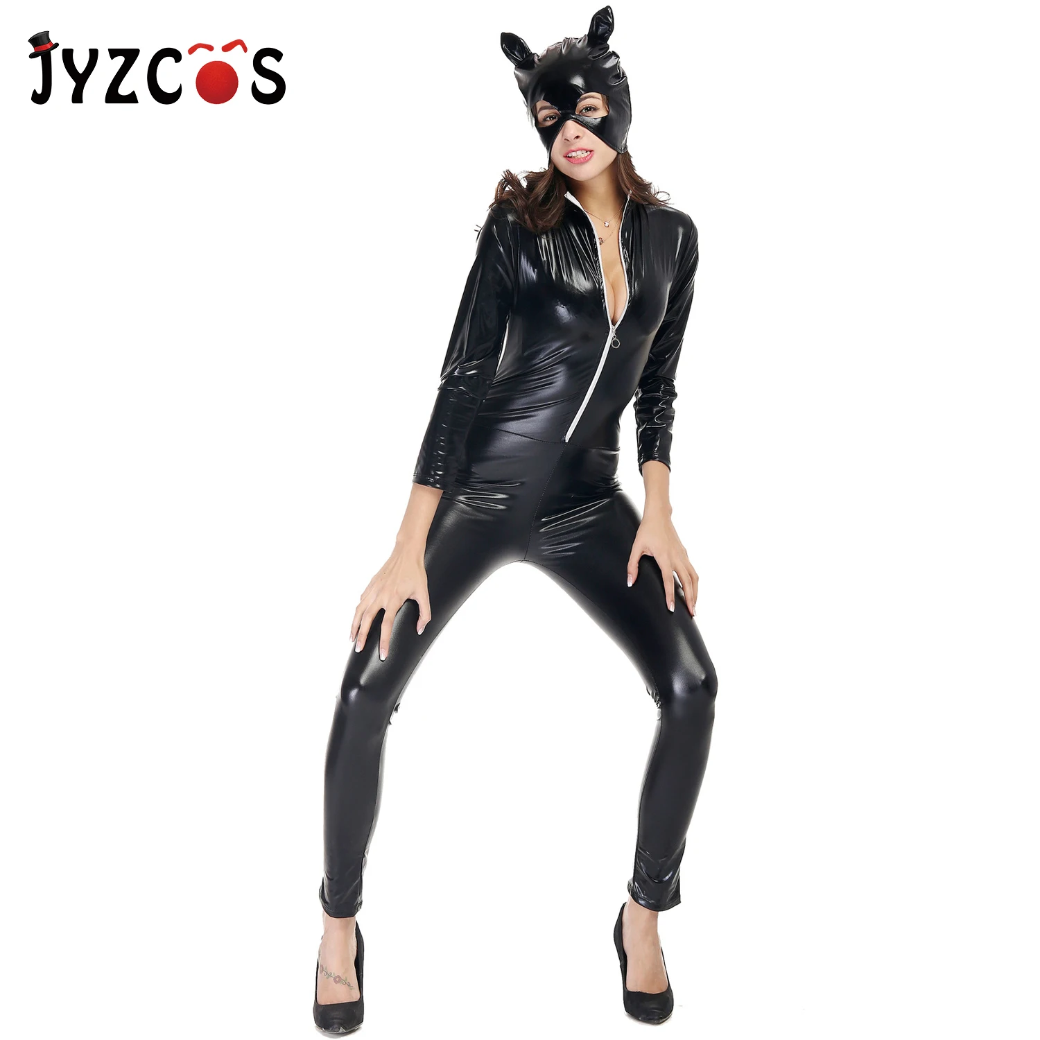 JYZCOS, новинка, сексуальный черный комбинезон в виде кошки, блестящий костюм супергероя, женщина-кошка, комбинезон из искусственной кожи, костюмы на Хэллоуин для взрослых женщин
