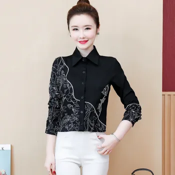 

Shirt Women Black Printed 2020 Spring And Summer New Ladies Long sleeve Turndown collar Contrast Color Fashion Top M-3XL