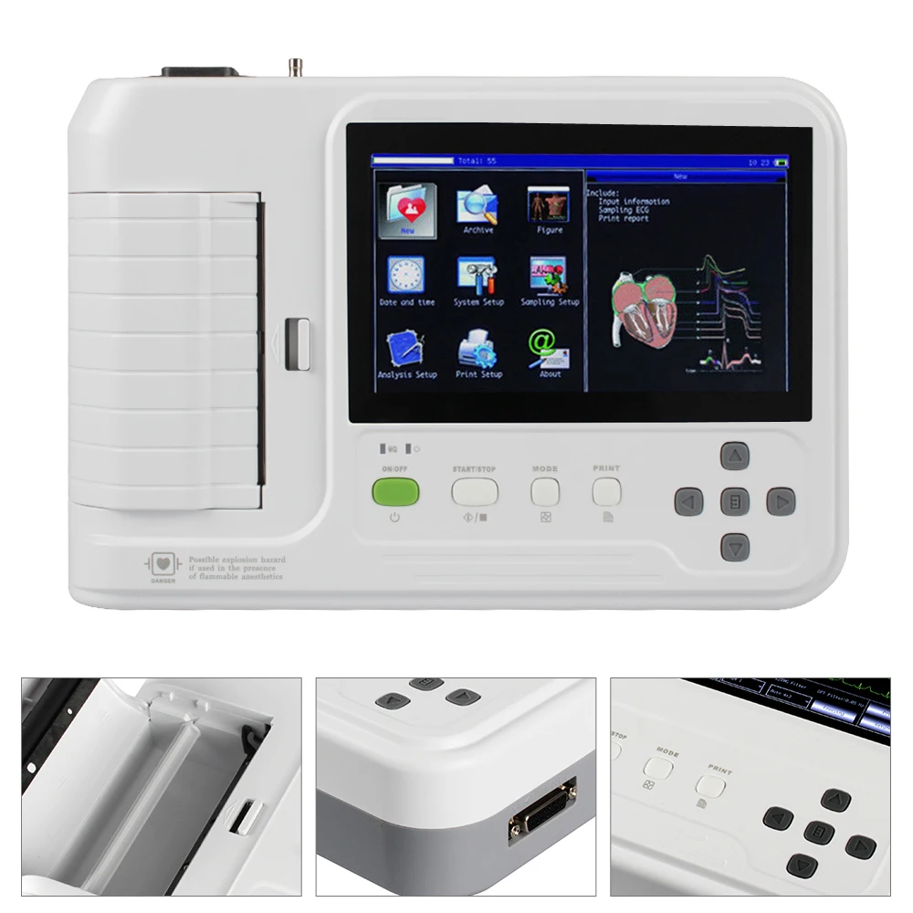 ECG600G ECG Machine 7" Touch Screen Digital Elektrokardiograph 6 Channels 12 Lead USB EKG Monitor Thermal Printer PC Software