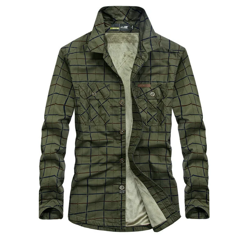 Мужская флисовая рубашка в стиле милитари Толстая теплая хлопковая с длинным