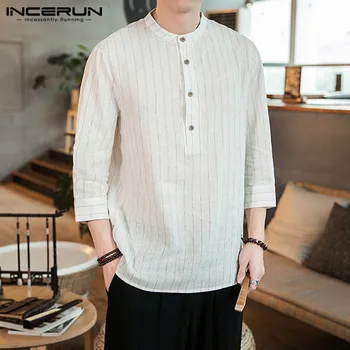 

INCERUN Striped Casual Shirt Men Vintage 3/4 Sleeve Stand Collar Button Up Tops Camisa Breathable Harajuku Men Brand Shirt 2020