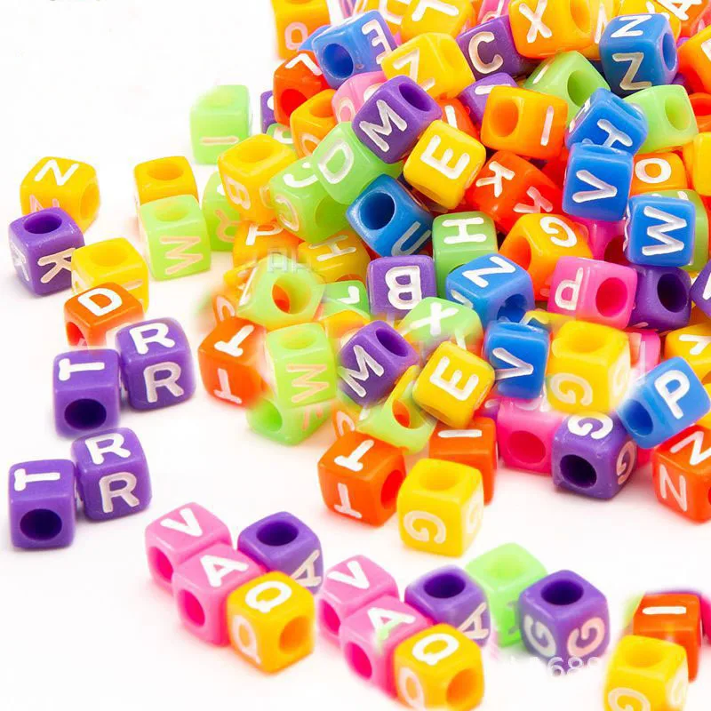 

Newest Neon Colors Cube Acrylic Letter Beads 6*6mm 7*7mm Big Hole Square Plastic Alphabet English Initial Spacers for Bracelets