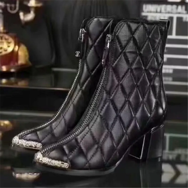 Ankle Boots Autumn Winter Boots Women Genuine Leather Luxury Shoes Round Toe Female Shoes Square Heel Design Short Boots