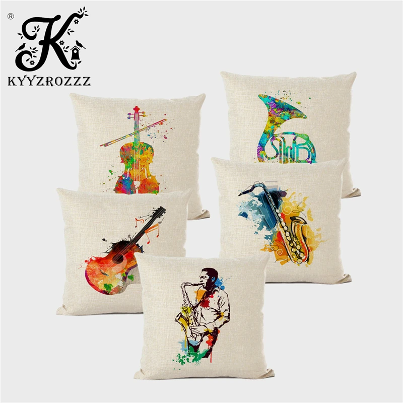 

Abstract Art Cushion Cover Watercolor Music Sax Guitar Singer Dreamland Linen Print Living Room Sofa Decorative Pillowcase