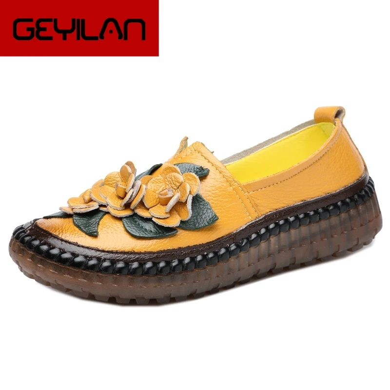 

GKTINOO Retro Style Handmade Genuine Leather Loafers Shoes Women Spring Round Toe Appliques Soft Slip-On Casual Lady Flat Shoes