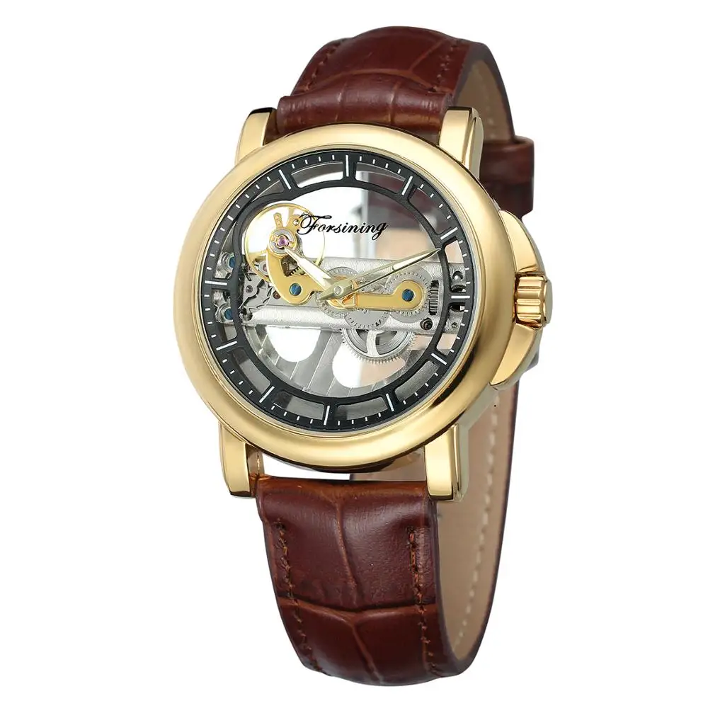 

Forsining Fashion Brown Leather Men's Mechanical Watch Men's Casual Waterproof Watch Transparent Skeleton Relogio Masculino