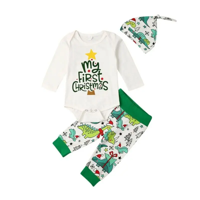 

FOCUSNORM Christmas Set Baby Boy Newborn Clothes 3pcs Long Sleeve Romper Dinosaur Pants Hat Autumn Winter Outfit Set 3-18Months