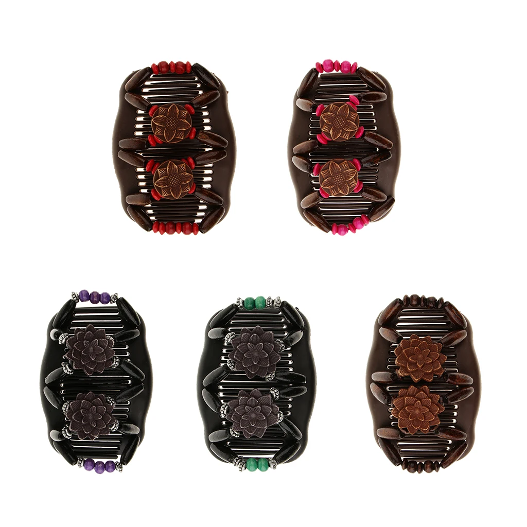Double Hair Comb With Wooden Beaded Easy Magic Clip Hairstyle Accessory |