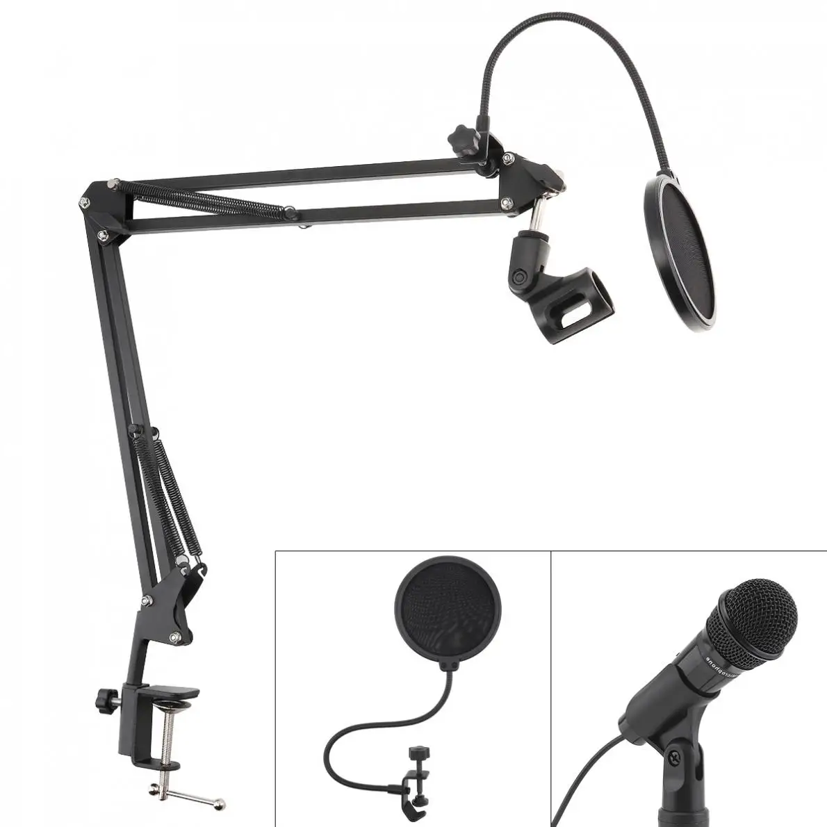 

Multifunction Microphone Holder Bracket Adjustable Table Clip with Double Layer Microphone Pop Filter for Live Broadcast