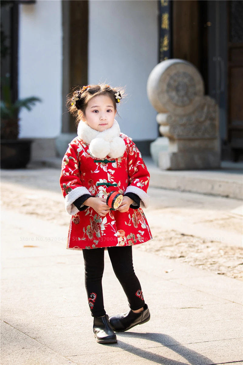 Традиционное китайское Новогоднее платье для девочек Hanfu, детское платье Ципао в стиле ретро, костюм Тан, зимние пальто, винтажные Вечерние наряды