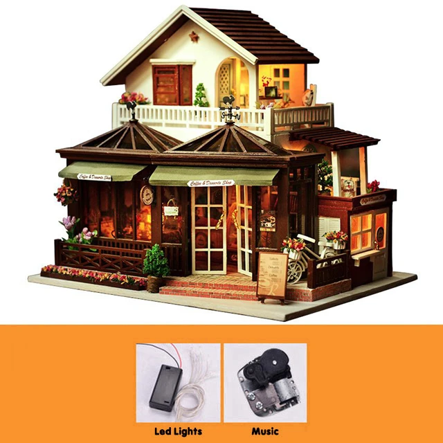 Large Coffee Wooden Doll House Manual Assembling Model Toys Diy Wooden Hut House With Led Light Music Small Tools Birthday Gift 8