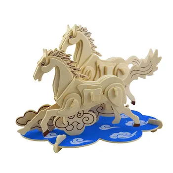 

Candice guo wooden 3D building model toy puzzle woodcraft construction kit wood build two horse cross cloud sea baby gift 1pc