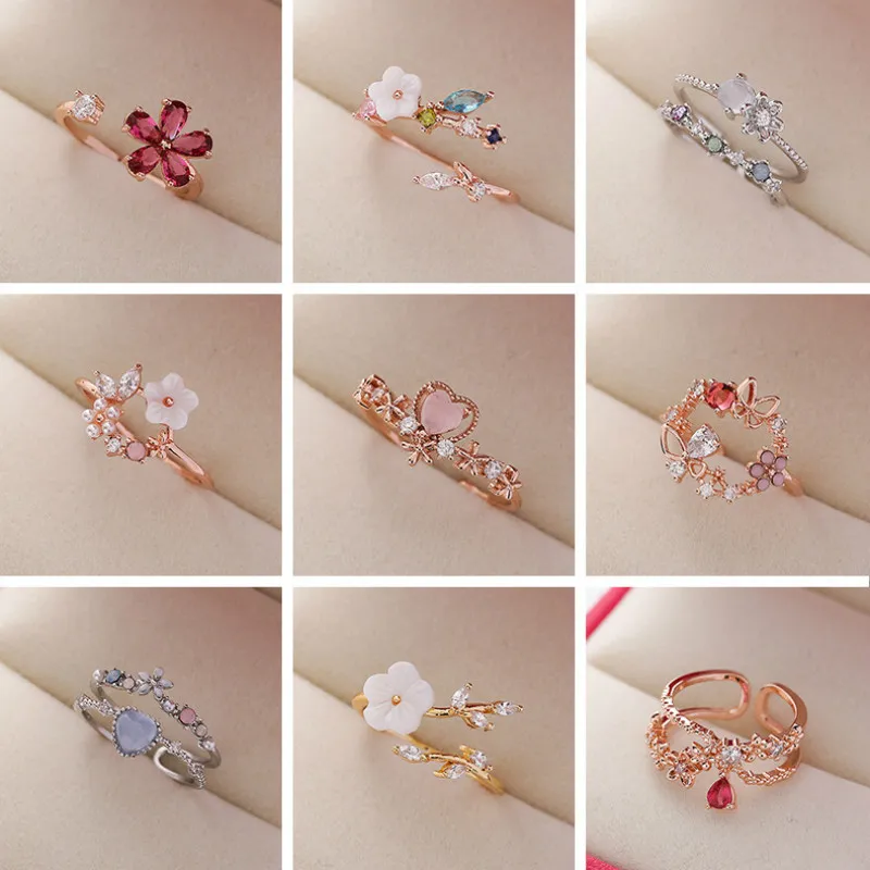 Korea's New Exquisite Crystal Flower Ring Fashion Temperament Sweet Versatile Love Opening Ring Female Jewelry