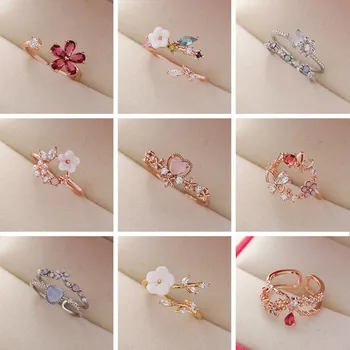 Korea’s New Exquisite Crystal Flower Ring Fashion Temperament Sweet Versatile Love Opening Ring Female Jewelry