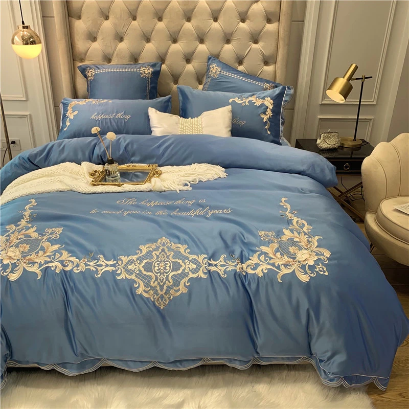 Blue White Gray Pink Red 60s Satin Like Silk Cotton Bedding Set Gold Embroidery Duvet Cover Bed Linen Fitted Sheet Pillowcases Bedding Sets Aliexpress