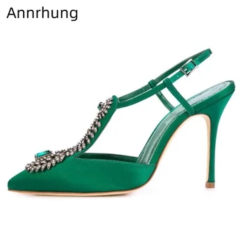 

Jeweled Flower Satin Sandals Women Thin High Heels Ankle Buckle Pointed Toe Dress Shoes Crystal Decor Sandalias Feminina