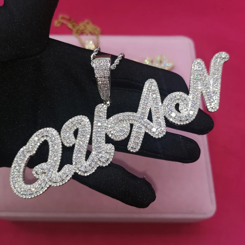 Grandbling Brush Cursive Letter Customized Name Necklace With Rope chain Chain With AAAA CZ Personalized Hip HOP Jewelry