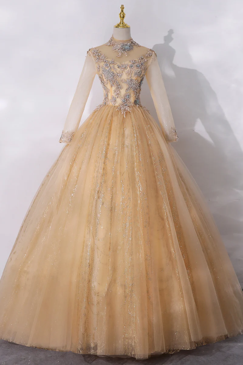 

light golden long sleeve stand collar beading rococo ball gown Renaissance Gown queen Victorian/Marie Antoinette Belle