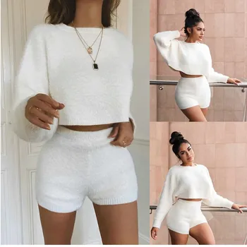 

Oufisun 2020 Women Casual Set Solid Color O-neck Long Sleeve Short Top And Elastic High Waist Slim Shorts Womens Two Sets