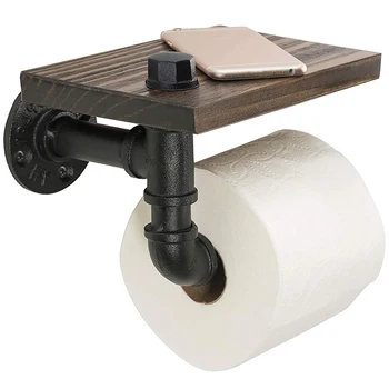 

Industrial Toilet Paper Holder with Rustic Wooden Shelf and Cast Iron Pipe Hardware for Bathroom, Washroom