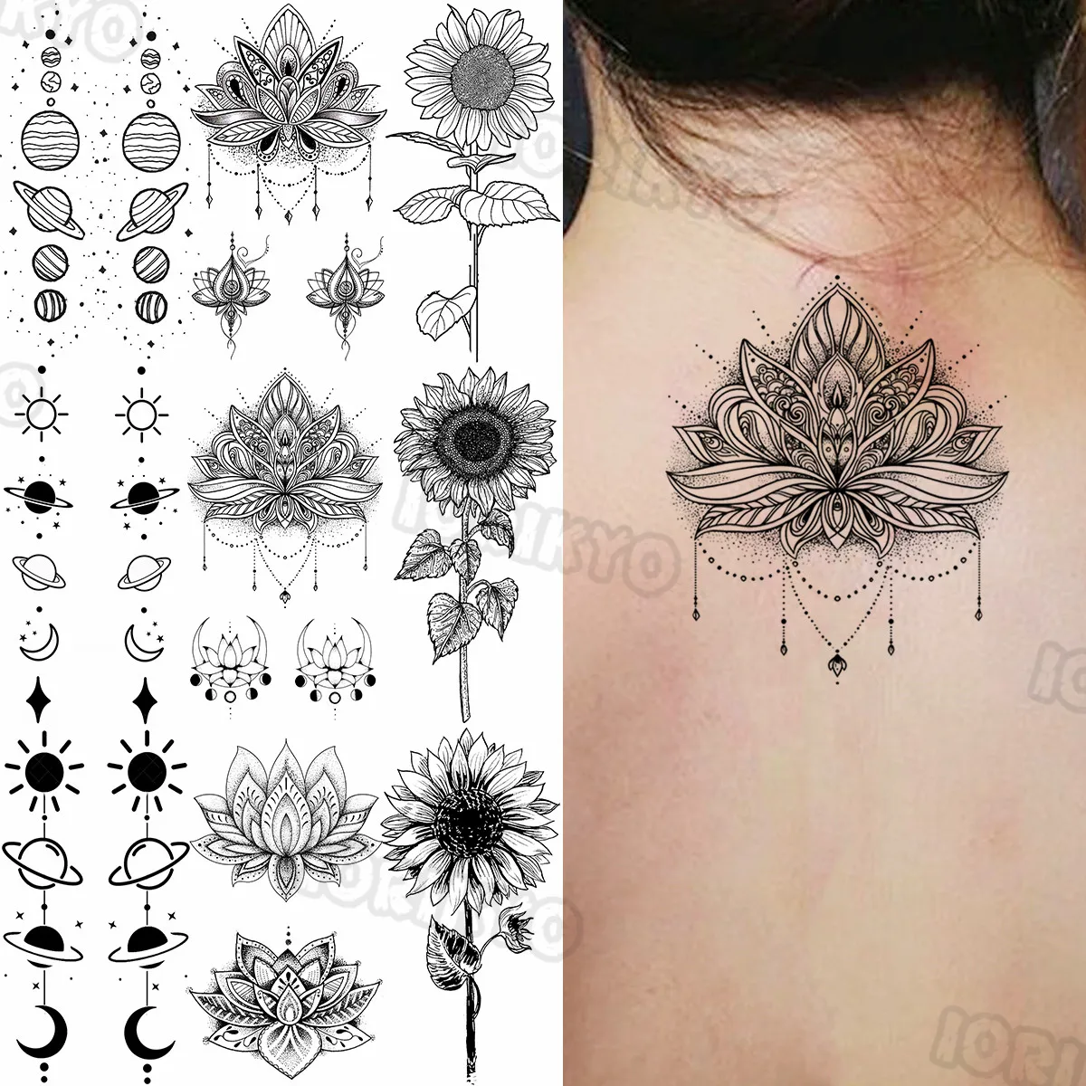 Tatouage Fleur De Lotus Mandala Faux Tatouage Temporaire Motif Annie Mandala pour Femme et Fille,  Autocollant Réaliste, Fleur de Soleil, Espace, Bras Arrière, Inde |  AliExpress