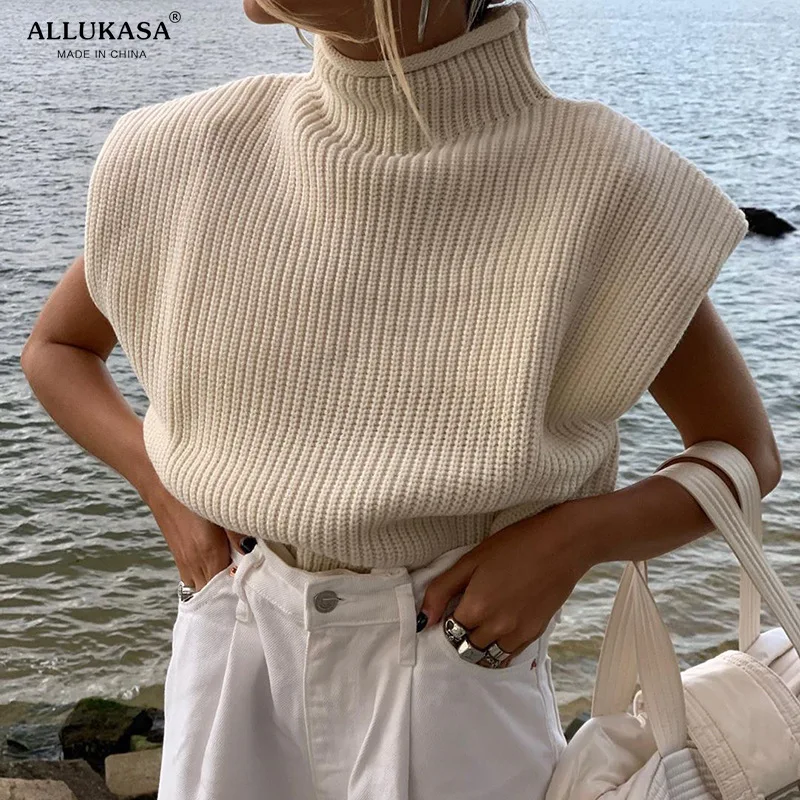 Allukasa cuello Jersey chaleco sin mangas de las mujeres con las almohadillas de hombro Jersey de punto Otoño Invierno Jersey Casual Tops de moda