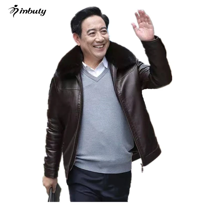 Мужская зимняя куртка плюс бархатная Толстая куртка для мужчин среднего возраста кожаный меховой воротник Съемная мужская одежда
