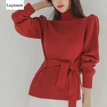 

Turtleneck Women Pullover Sweater 2020 Lady Side Split Tie-up Waist Elegant Autumn Bodycon Basic Knitted Top Korean Pull Jumper