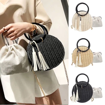 

Women's Shoulder Bag Messenger Crochet Knitted Weave Round Handbag Crossbody Satchel Summer Straw Bag /BY