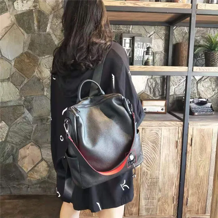 

Full-grain Leather Travel Backpack Large Capacity Ribbon WOMEN'S Leather Bags Dual Purpose Korean Tide Ride Bag
